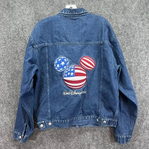 Vintage Walt Disney World Denim Jacket Mickey Mouse USA Flag Embroidered Adult M